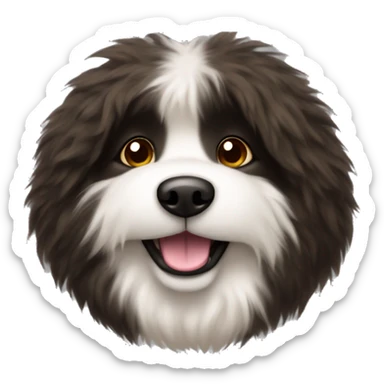 An emoji of a fluffy dog with a mix of black and brown fur, showcasing its thick coat and friendly expression sticker