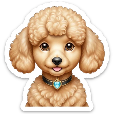 Cinematic Cute Apricot Poodle Portrait Emoji, Head tilted playfully and inquisitively, showcasing a bouncy, curly apricot Fur with a luminous sheen, round, sparkling warm eyes filled with curiosity, Simplified yet irresistibly adorable features, highly detailed, glowing with a warm, friendly glow, high shine, affectionate and lively, stylized with a touch of whimsy, bright and endearing, soft glowing outline, capturing the essence of a mischievous yet loving companion, so playful it feels like it could bounce out of the screen and into your arms! sticker