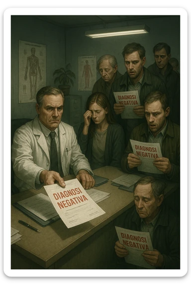 A realistic, cinematic illustration set in a dull, grey-toned medical office. A middle-aged male doctor in a white coat with a stern, cold expression is seated at his desk, handing out medical reports with large red ‘Negative Diagnosis’ stamps to each patient in line. The patients, of various ages and appearances, stand in a line, each looking increasingly sad, defeated, and demoralized as they receive their papers, with slumped shoulders and empty gazes. One young woman wipes away a tear, while a man stares at the paper in shock. The background shows medical posters, a faded plant, and harsh fluorescent lighting, emphasizing the cold, mechanical environment. The mood is heavy, illustrating how negative diagnoses delivered without empatia can deeply affect the mental health and morale of patients. The style is realistic, with subtle filmic grain, emphasizing emotional impact and the weight of medical words on people’s lives. in italiano sticker