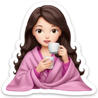 Barbie girl with a long wavy dark brown hair inside a pale pink blanket sipping coffee eyes closed sticker