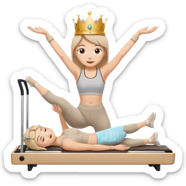 Cute sticker of a girl doing a Pilates stretch on a reformer while holding a cup of coffee in one hand. Wearing beige activewear and a small crown. Kawaii style, happy expression, vector, white outline, transparent background. sticker