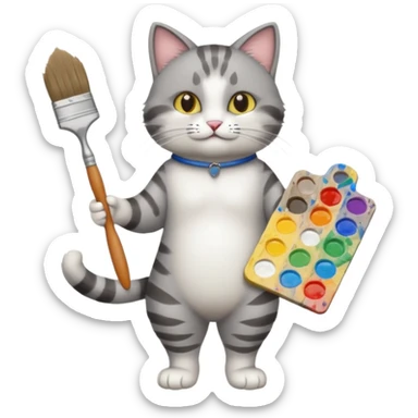 A full body cat holding brushes and a colour pallete because he is an artist sticker