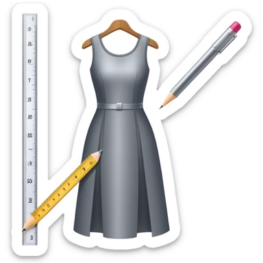 Icon for Fashion Design: a dress pattern with measurements, a ruler, and a pencil. The icon should represent the process of designing clothing with a focus on precision and tailoring. Transparent background. sticker