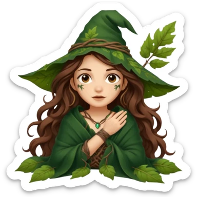 cute forest witch woman long wavy brown hair tattoos wrapped in leaf blanket sticker