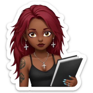 generate an ios genmoji of a girl with long dark red messy hair with eyeliner on her eyes.  septum piercing, wearing a cami black top, has tattoos, on shoulders. ear piercings. wearing a cross silver necklace. carrying a tote bag on her shoulders with chart paper peeking out. sticker