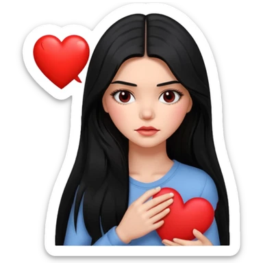 A Kendall Jenner with long black hair is sad and holds a red heart in her hands sticker