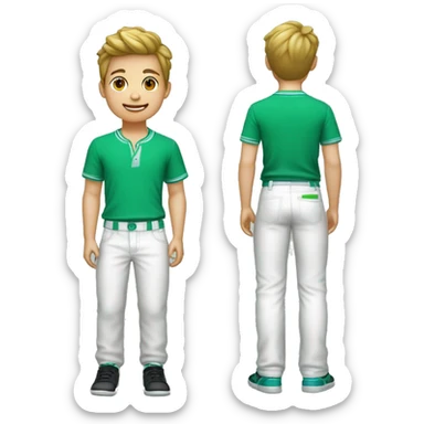 Niño caritaturesco de piel Blanca con camisa verde,pantalones negros y tenis azules diciendo hola sticker