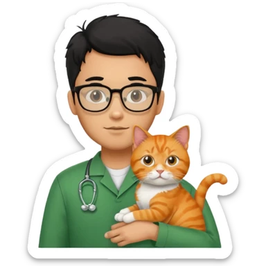 Veterinario hombre trigueño con lentes, con cabello negro, y con uniforme veterinario color verde cargando un gato naranja sticker