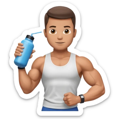 male memoji, muscular man in tank top, holding protein shaker, flexing arm, gym obsessed, casual vibe sticker