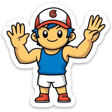 Hot handsomeb muscular 6ft tall smiling happy fun shirtless Ash Ketchum giving friends a high 5 sticker