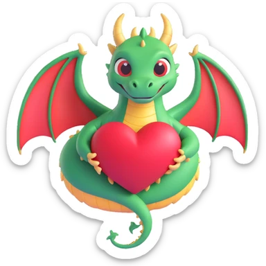 3D style dragon curled into a heart shape, shiny and whimsical sticker