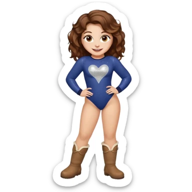 a beautiful girl with wavy volumes brown hazel hair, she has brown eyes and her face is unique, show her entire body she has big boobs and is so curvy make her wear  a body suit with uggs with a big smile and her eyes sparkly and all cute sticker