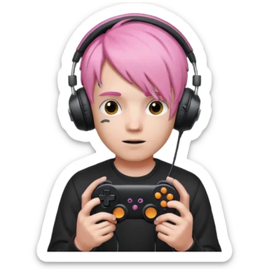 pink haired boy with headphones holding all black game controller sticker