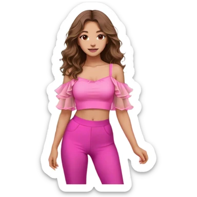 A young woman with long, wavy brown hair standing outdoors on a paved walkway, surrounded by green grass and modern architecture. She is wearing a vibrant pink crop top with dramatic sheer ruffled sleeves and high-waisted beige pants. The sunlight casts a warm glow on her face, and she has a gentle smile with a confident and relaxed posture. The background features a mix of classical and contemporary buildings, with trees adding a natural touch to the setting. sticker