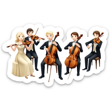 Icon for Classical Music: symphonic orchestra with musicians playing violins, cellos, and flutes, led by a conductor with a baton. Musical notes float around, capturing the elegance and harmony of classical music. Transparent background. sticker