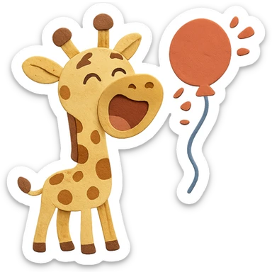Change to full-body giraffe in paper-craft style, with a happy and laughing face, still popping a balloon. Keep all other design elements unchanged, visually appealing sticker