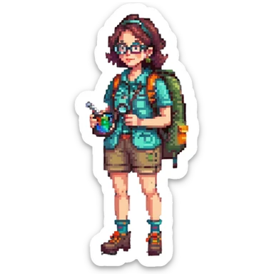Happy woman explorer in her 40s with glasses, colorful retro hiking outfit, backpack, holding one magnifying glass, detailed pixel art sticker