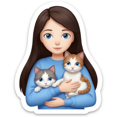 a girl with long dark 
brown hair, with blue eyes, in a
white sweater, hugs 3 different natural coloured cats sticker