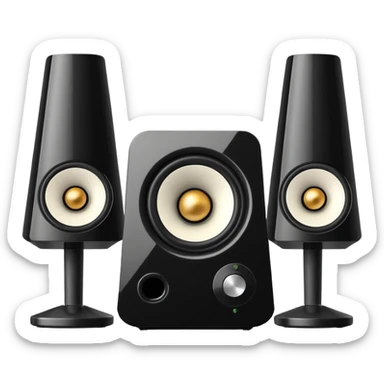 Single black desktop speaker with glossy front, one large white cone with black center, small volume knob, clean white background, studio product photo. sticker