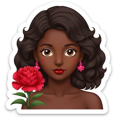 A Gypsy-origin woman with dark wavy hair, a single red carnation behind one ear, and a confident gaz sticker