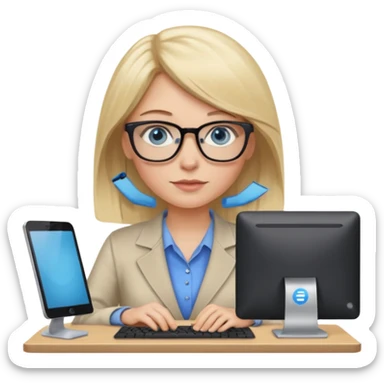 donna, occhi azzurri con occhiali, capelli medi, lisci e biondi, lavora al pc. sticker