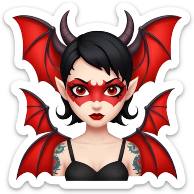 Demon girl: red skin, black hair, small horns, bat wing; tattoo-flash comic style; red/black palette; bold outlines; dark background; no text. sticker