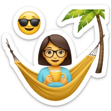 Créer un emoji stylisé et coloré représentant le week-end, joyeux et relaxant. L’emoji doit être rond, lumineux, avec un visage souriant ou des lunettes de soleil teint noir. Ajouter des éléments évoquant le repos ou le plaisir : café, hamac, soleil, musique, détente.  sticker