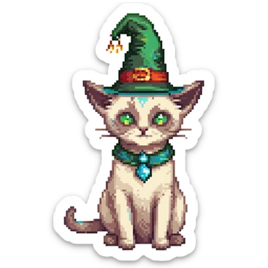 A pixel art image of a Siamese cat wizard with a green hat. sticker