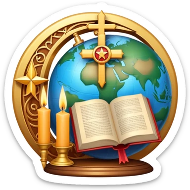 An icon featuring a holy book, a candle, a cross, and Islamic crescent and star, alongside a Buddhist wheel of Dharma, symbolizing religious studies. The design includes a globe with these symbols, representing the diversity of beliefs. Transparent background  sticker