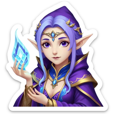 Cinematic Realistic WoW Elf Mage Portrait, head tilted epicly and inquisitively, showcasing a commanding presence and graceful arcane power. Her luminous, porcelain-like skin and delicate features, framed by an intricately detailed robe in deep blues and purples with golden accents, are rendered with lifelike clarity and dramatic, mystical lighting, high shine, epic and awe-inspiring, embodying the timeless magic of an elven mage poised to reshape destiny. sticker