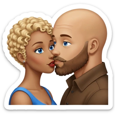 bald head man with beard kissing African woman with blue eyes and curly blonde hair sticker