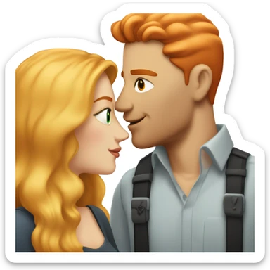 Tall man with short edgy bright red hair, no beard, kissing a woman with long blonde hair, both with fair skin, sticker