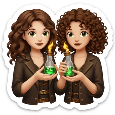 two forest alchemist women one long wavy brown hair tattoos one short tight curly brown hair clinking glowing vials sticker