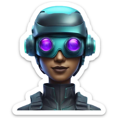 Secret human agent in a futuristic hat with in Apple VR goggles headset code display on the goggles , cyberpunk, cyan and purple colors, only upper body portrait, front facing the camera  sticker