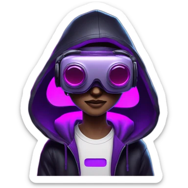 Cyberpunk style. Violet neon. Man with light skin in the black hoody with violet OMG VR logo on it wearing vr headset oculus quest 2 sticker