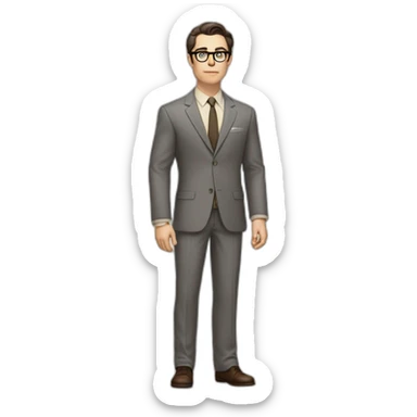 Full height Pale skinned Fit Man With dark brown hair in classic gray suit, beige office shirt, dark gray tie, and vintage glasses. Thrumbs of his palms directed up sticker