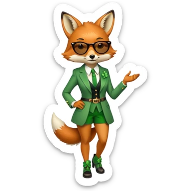serious anthropomorphised female fox in stylish St. Patrick's Day outfit with sunglasses, walking with confidence, full-body view sticker