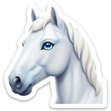 Cinematic Noble White Horse Portrait Emoji, Poised and regal, with a strong, athletic build and a pristine, well-groomed pure white fur, deep-set soulful blue eyes, Simplified yet sharp and sophisticated features, highly detailed, glowing with a soft, dignified glow, high shine, intelligent and majestic, stylized with an air of ethereal grace, focused and attentive, soft glowing outline, capturing the essence of a watchful and confident steed, so majestic it feels as though it could gallop out of the screen with effortless authority! sticker