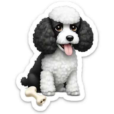 Black and white poodle with bone in her moth sticker
