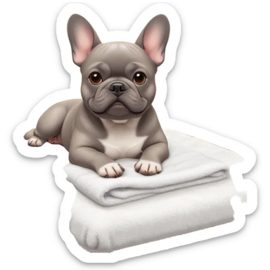 A gray French Bulldog lying relaxed on a professional massage table in a cozy spa room. Soft warm lighting, clean interior, gentle towels, peaceful atmosphere, detailed high-quality render, cute facial expression, realistic fur texture. sticker