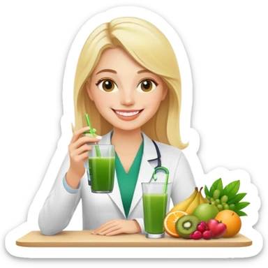 Create an emoji-style illustration of a young blonde nutritionist. She is smiling, sitting at a table with various fresh fruits, and holding a glass of green juice in her hand. The style should be simple, colorful, and friendly, resembling modern emoji aesthetics. sticker