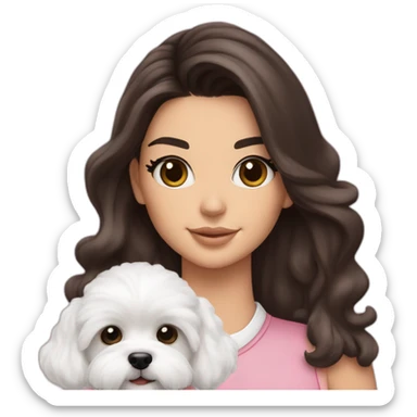 brunette Kendall Jenner with long hair holding on the hands white maltipoo wear on pink collar sticker