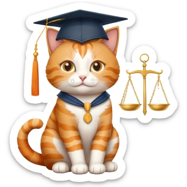 cat sitting, graduation cap on head, scales of justice in front sticker