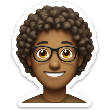 Smiling young man with thick glasses, curly hair, and wearing a brown shirt. sticker