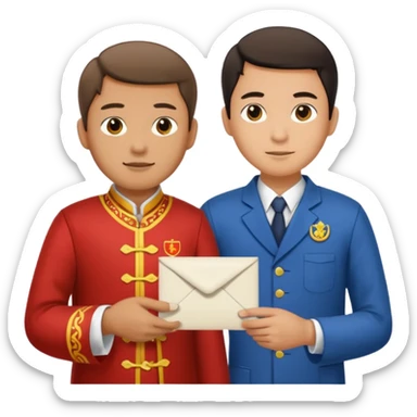 a university student with T-shirt handing letter to a old man official with chinese tunic suit sticker