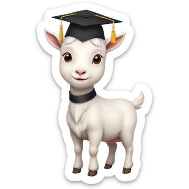 cute white goat with black graduation cap, standing on green grass under bright blue sky, proud and confident sticker