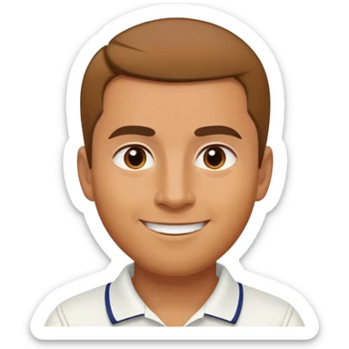 caramel brown Chindian male tennis coach, short straight hair with widow's peak, oval face, small eyes, smiling sticker