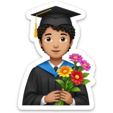 Graduated Students, Male,  brown skin, black curly hair, wearing graduation cap, holding bouquet of flowers
 sticker