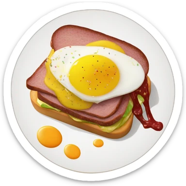 Pastrami and cheddar cheese sandwich with pickles and mustard in a brioche bread with a whole boiled egg on the top which is sprinkled with confetti sticker