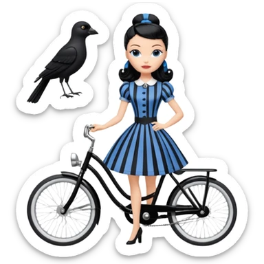 1920s coal hair Silkstone Marie Antoinette Barbie Wednesday Addams from academy in a blue and black vertically-striped classic dress. riding hot rod bikes with crows sticker